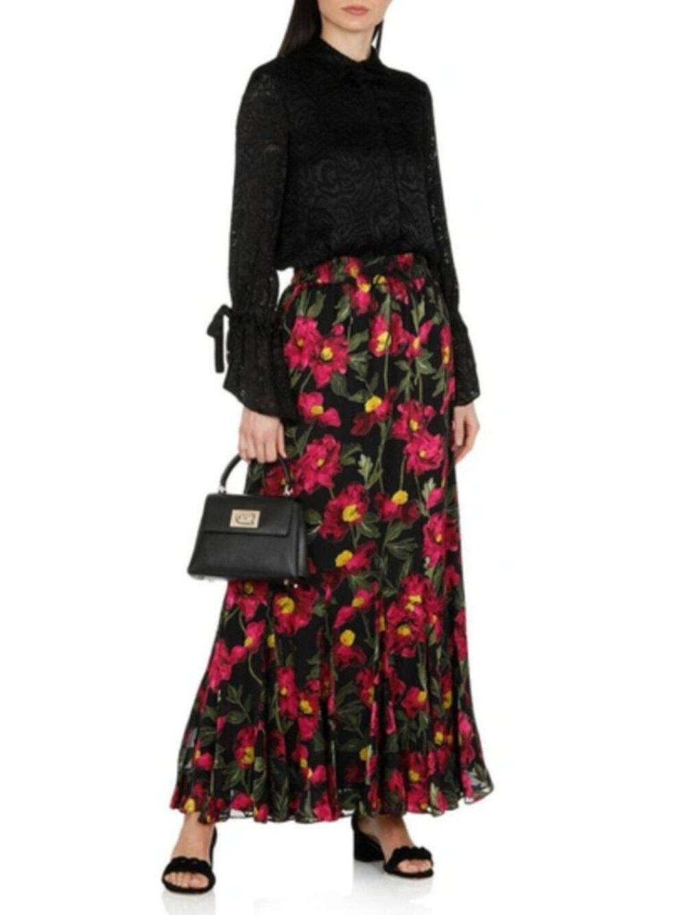 NWT Alice + Olivia Elza Godet Silk Maxi Skirt Black Pink California Poppy 0